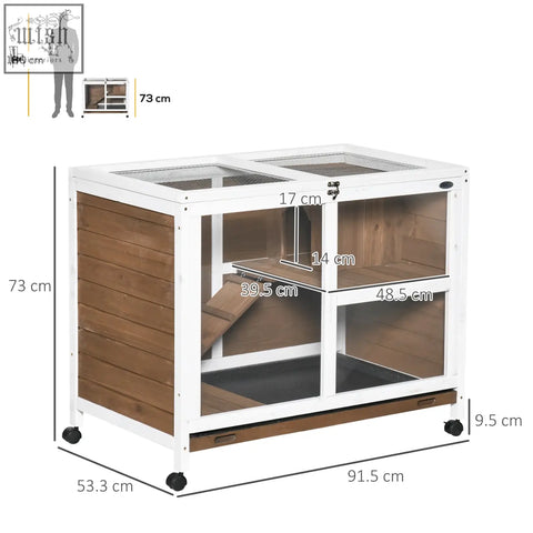 White and wood-paneled pawhut wooden rabbit hutch with sliding glass doors metal mesh top and black caster wheels