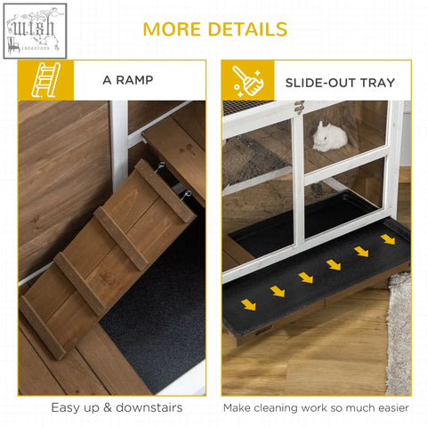 Wooden ramp with black non slip surface and metal hardware on pawhut wooden rabbit hutch for easy access
