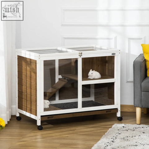 White and wood-paneled pawhut wooden rabbit hutch with glass sides and sliding door for easy bunny access
