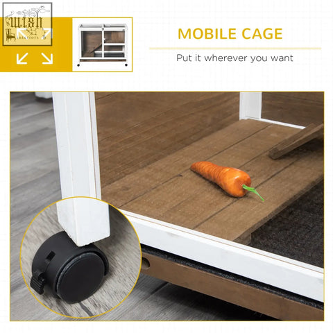 White pawhut wooden rabbit hutch with black caster wheels for easy moving and convenience in bunny care