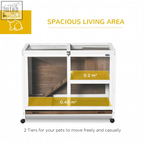 White and wood pawhut wooden rabbit hutch with mesh top glass panels ramp and black caster wheels