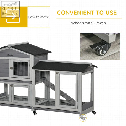 Gray and black two-level pawhut wooden rabbit hutch with wheels and ramp made from solid fir wood guinea pig cage