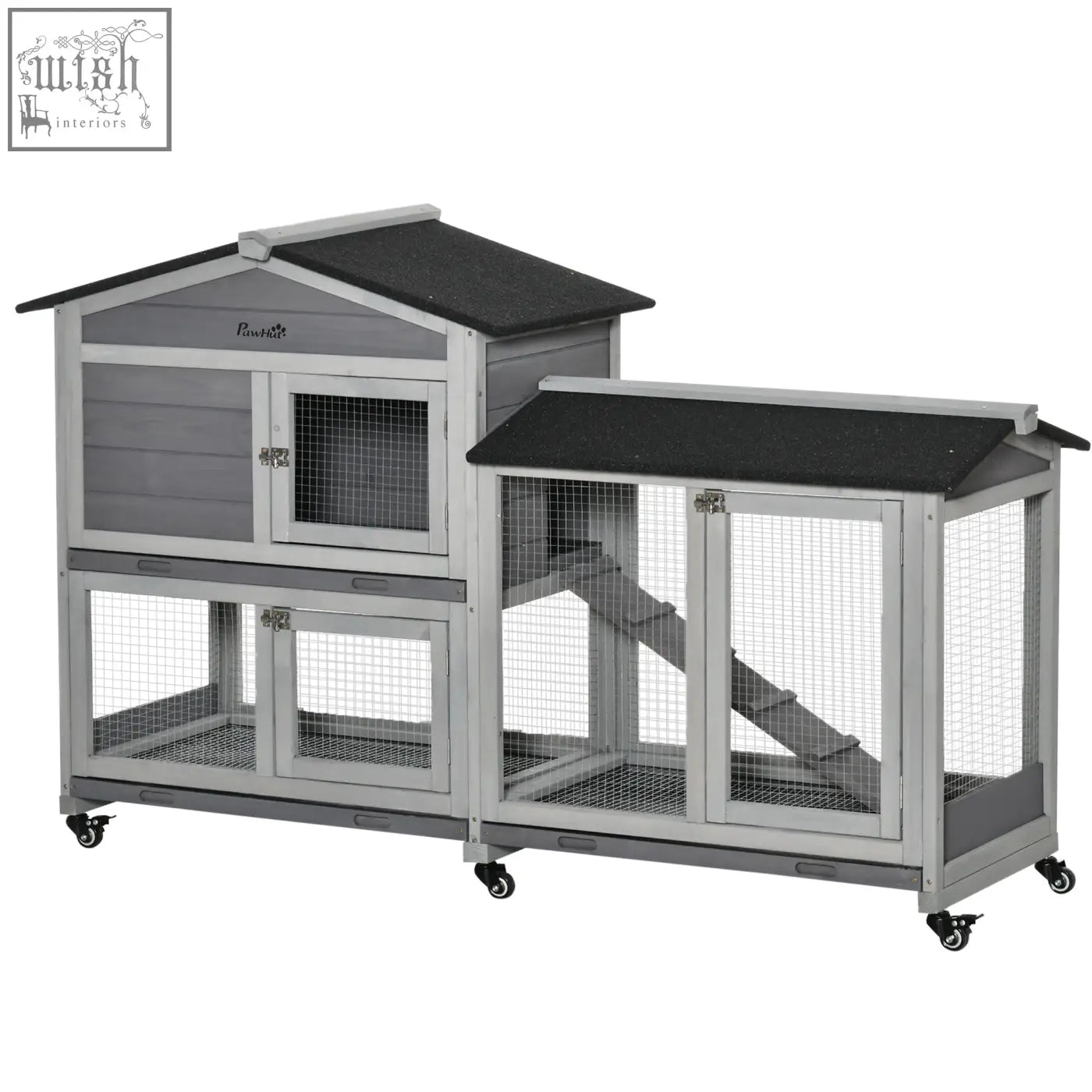 Gray and black two-level pawhut wooden rabbit hutch with solid fir wood, wire mesh, ramp, wheels for guinea pig cage use