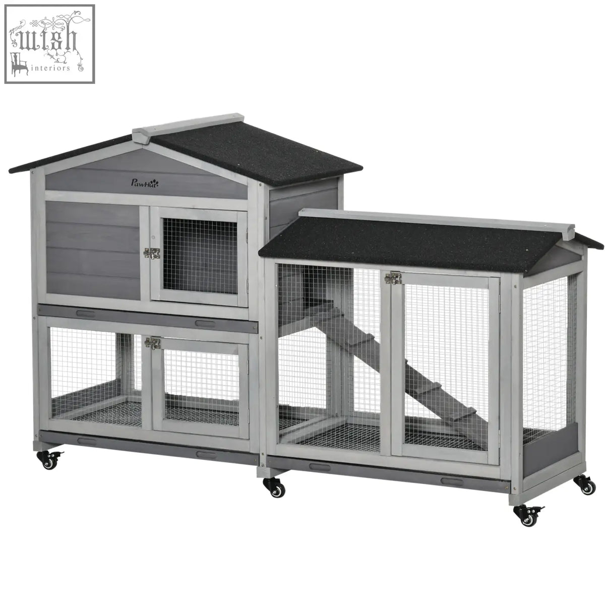 Gray and black two-level pawhut wooden rabbit hutch with solid fir wood, wire mesh, ramp, wheels for guinea pig cage use