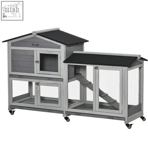 Gray and black two-level pawhut wooden rabbit hutch with solid fir wood, wire mesh, ramp, wheels for guinea pig cage use