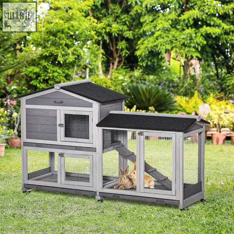 Gray solid fir wood pawhut wooden rabbit hutch with black roof wire mesh two-level design and attached run guinea pig cage