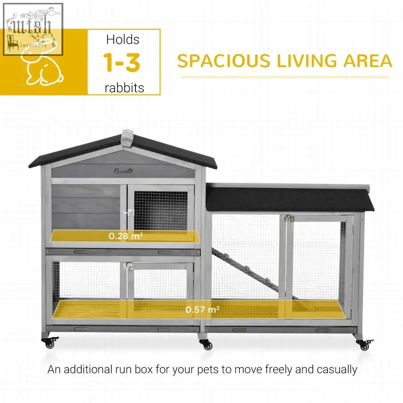 Gray and black metal pawhut guinea pig cage with yellow flooring and two-level solid fir wood design for spacious living