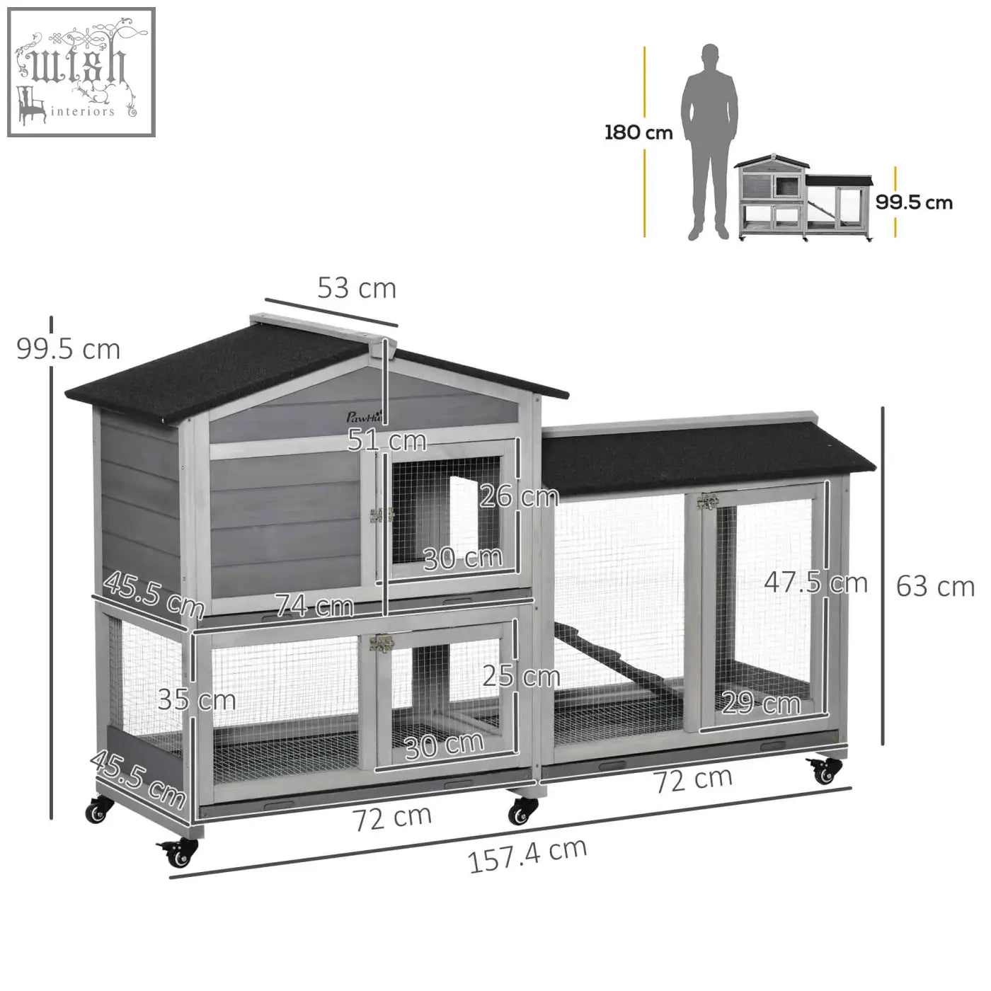 Gray and black two-level pawhut wooden rabbit hutch with wheels made of solid fir wood perfect as guinea pig cage