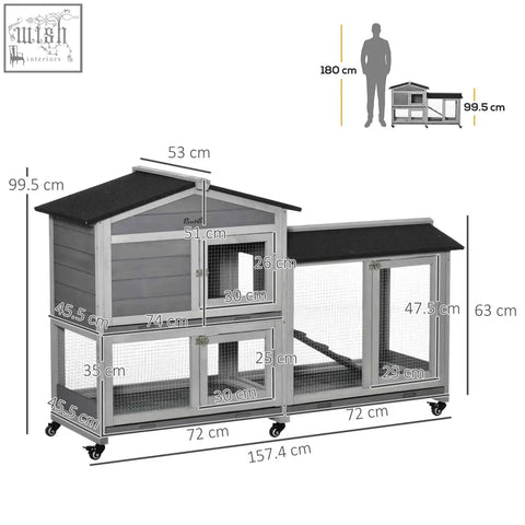 Gray and black two-level pawhut wooden rabbit hutch with wheels made of solid fir wood perfect as guinea pig cage