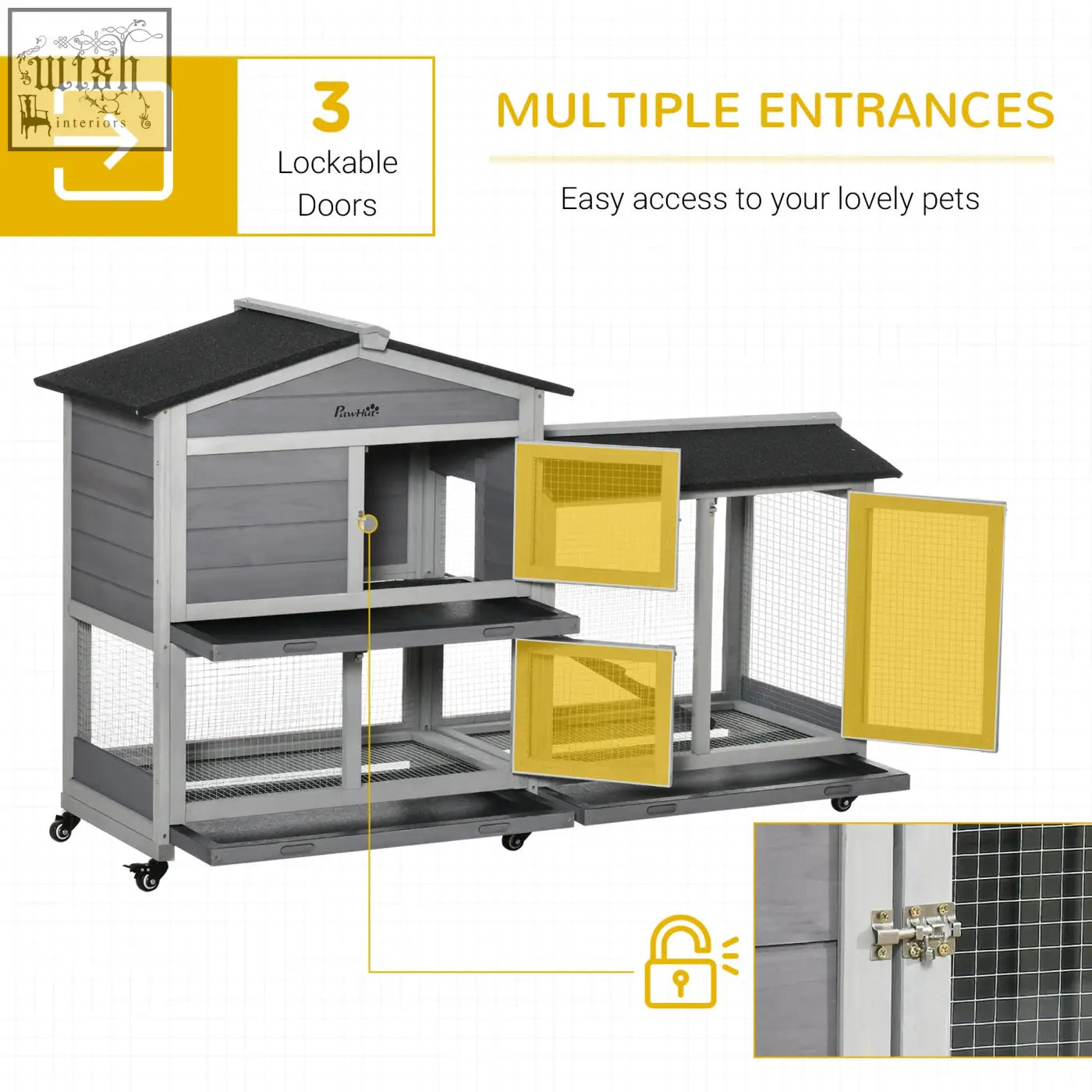 Gray and black multi-level guinea pig cage with three lockable doors wire mesh panels solid fir wood roofed structure