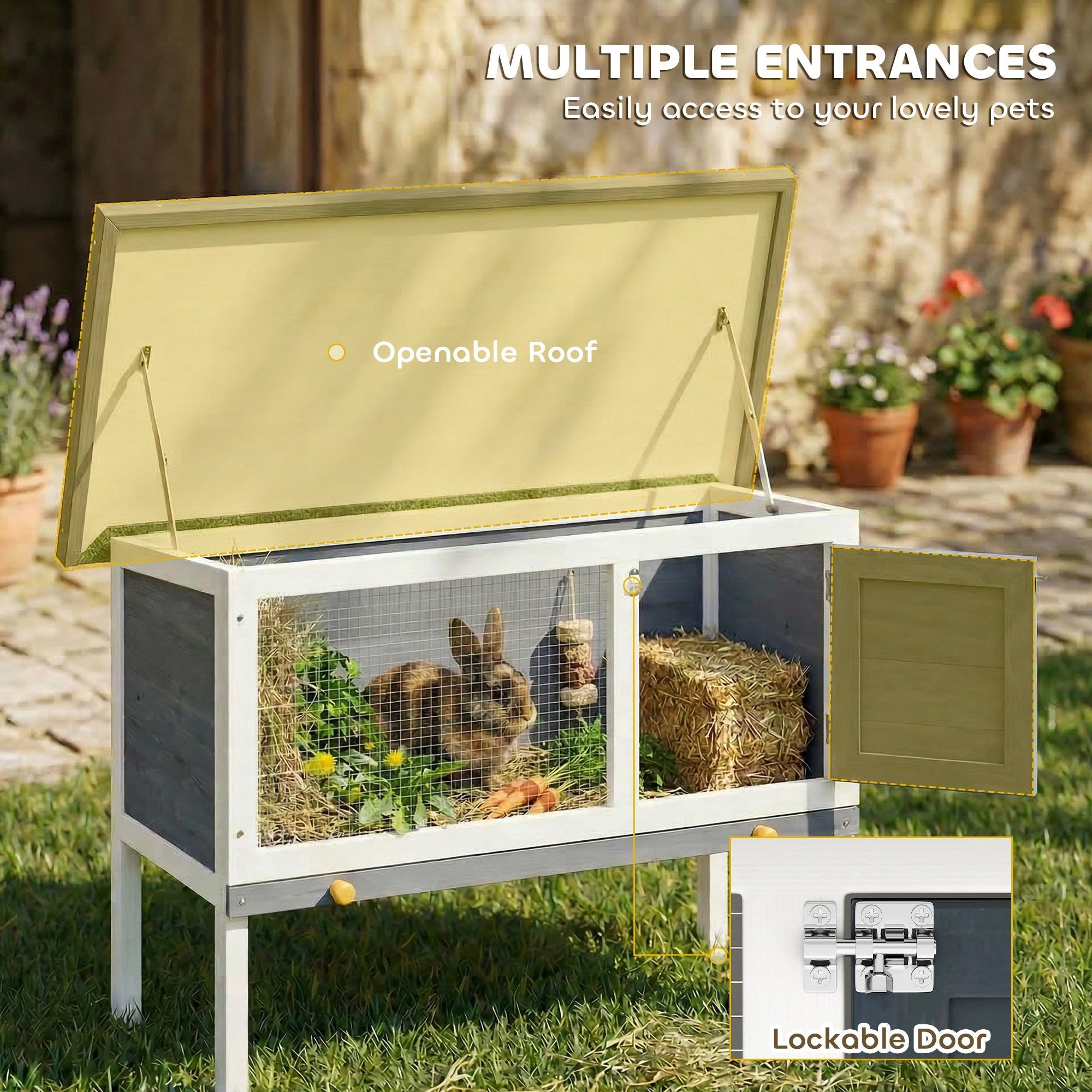 Beige and white pawhut wooden rabbit hutch with mesh sides, asphalt roof, and lockable door for guinea pig use