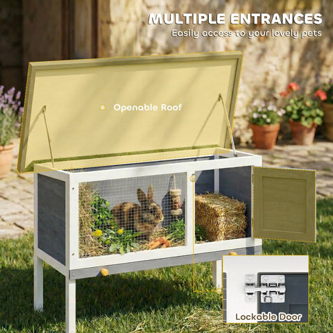 Beige and white pawhut wooden rabbit hutch with mesh sides, asphalt roof, and lockable door for guinea pig use