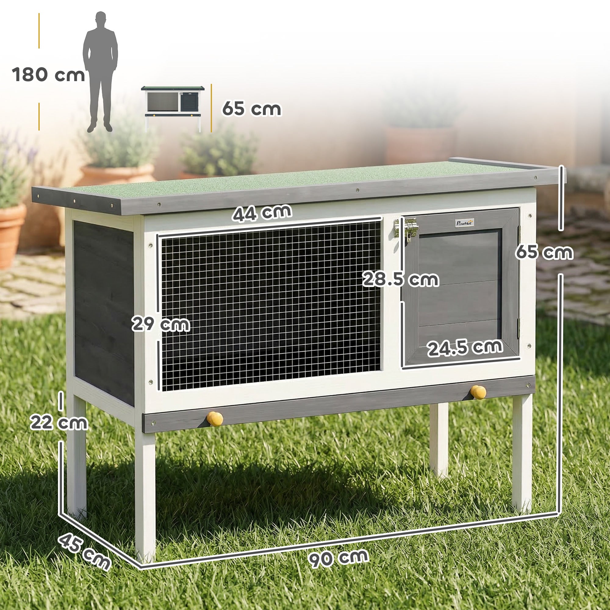 White and gray wooden pawhut rabbit hutch with asphalt roof and water-resistant paint for guinea pig outdoor use