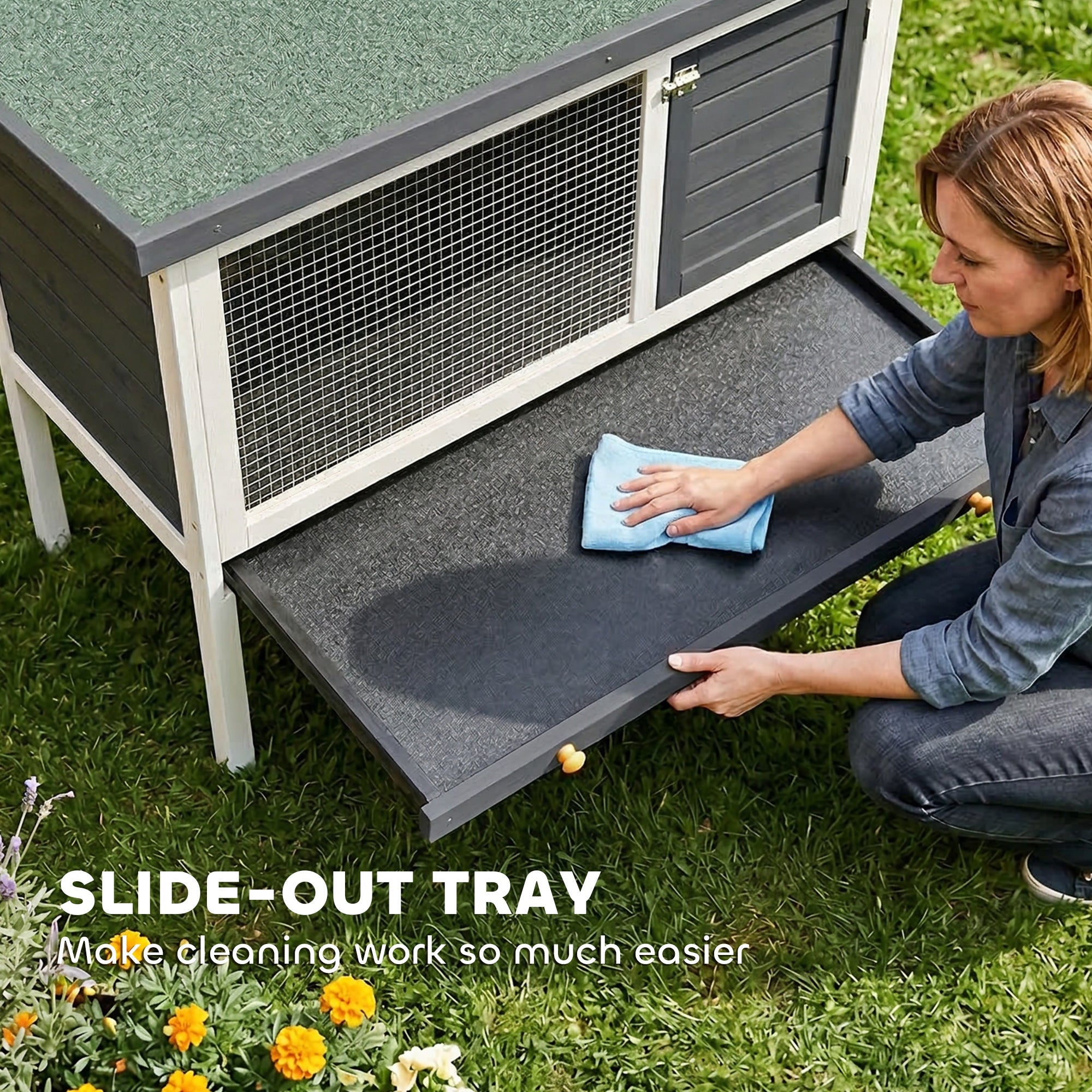 Pawhut black and white wooden rabbit hutch with green asphalt roof and slide-out tray for guinea pigs and rabbits