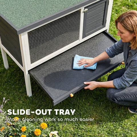 Pawhut black and white wooden rabbit hutch with green asphalt roof and slide-out tray for guinea pigs and rabbits