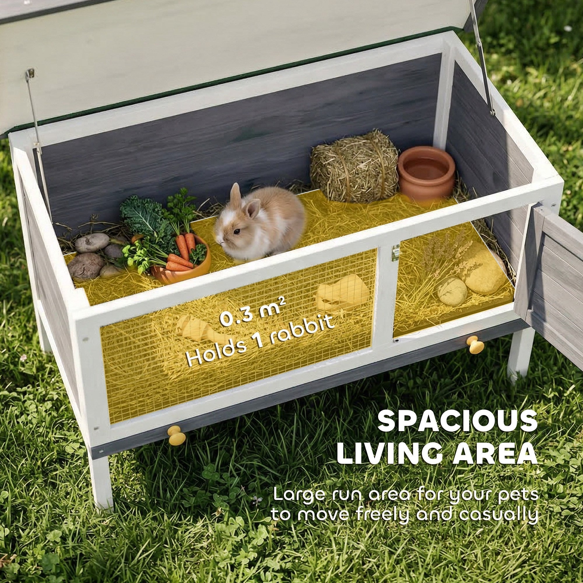 White and gray wooden pawhut rabbit hutch with mesh sides and asphalt roof featuring a small tan bunny inside
