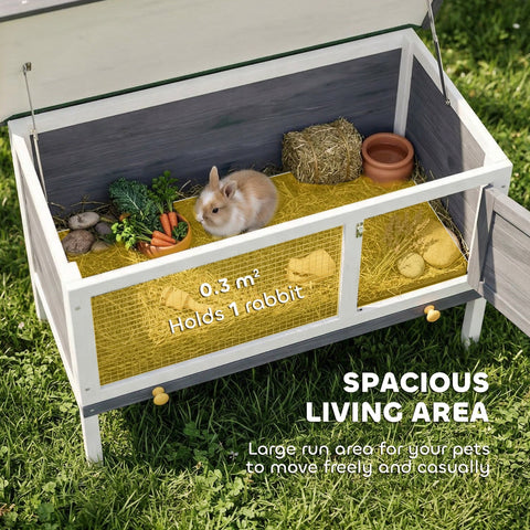 White and gray wooden pawhut rabbit hutch with mesh sides and asphalt roof featuring a small tan bunny inside