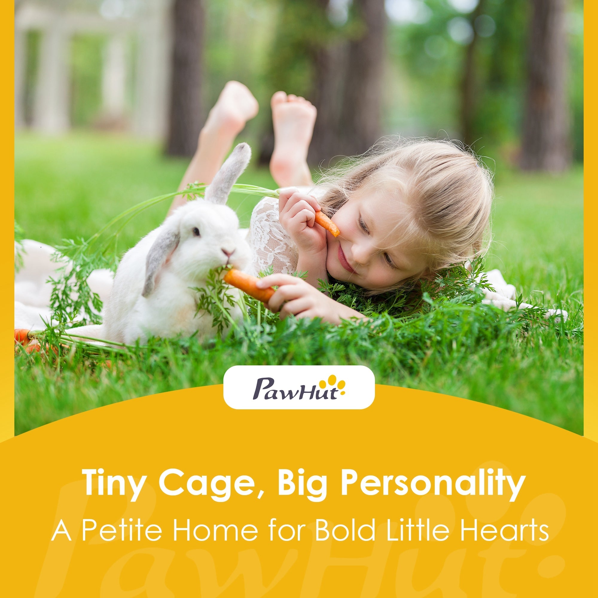 White rabbit with floppy ears lying in grass near pawhut wooden rabbit hutch with asphalt roof and water-resistant paint