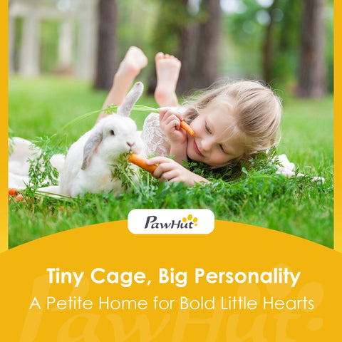 White rabbit with floppy ears lying in grass near pawhut wooden rabbit hutch with asphalt roof and water-resistant paint