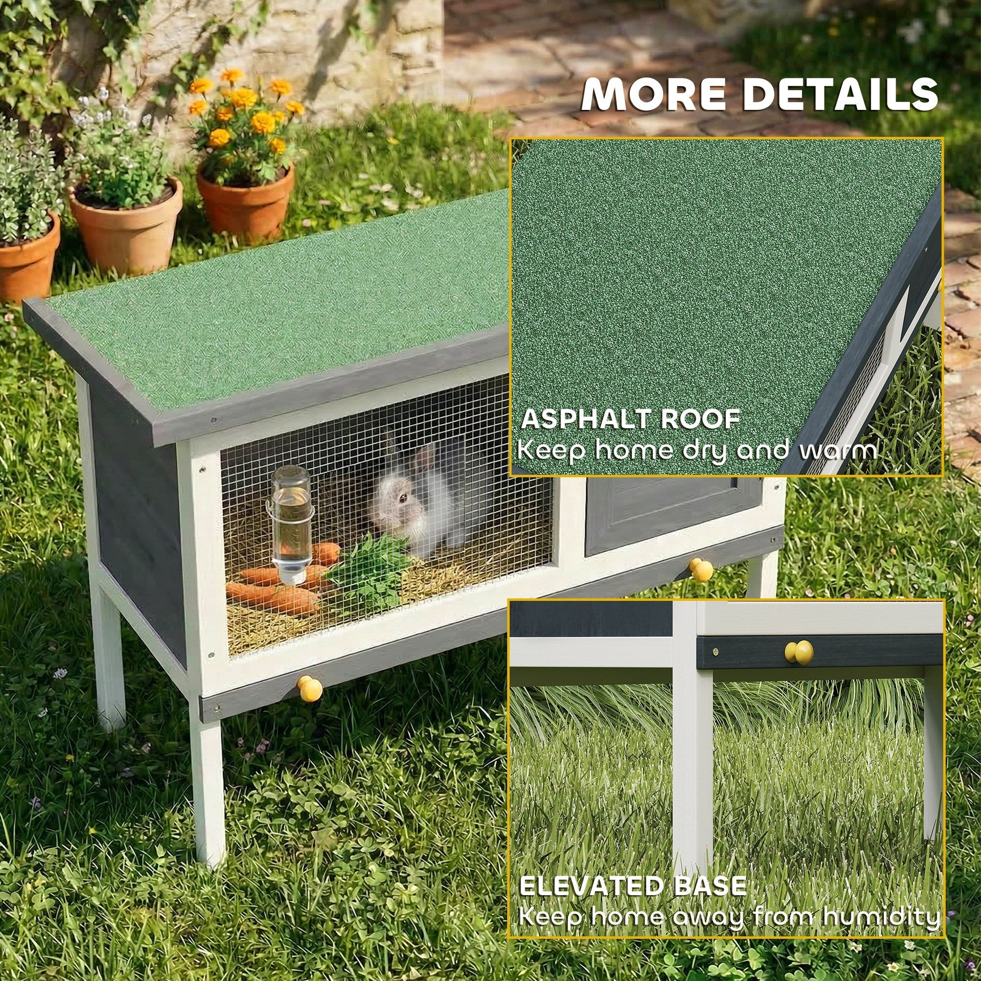 Gray and white wooden pawhut rabbit hutch with asphalt roof and yellow knobs for guinea pig outdoor use
