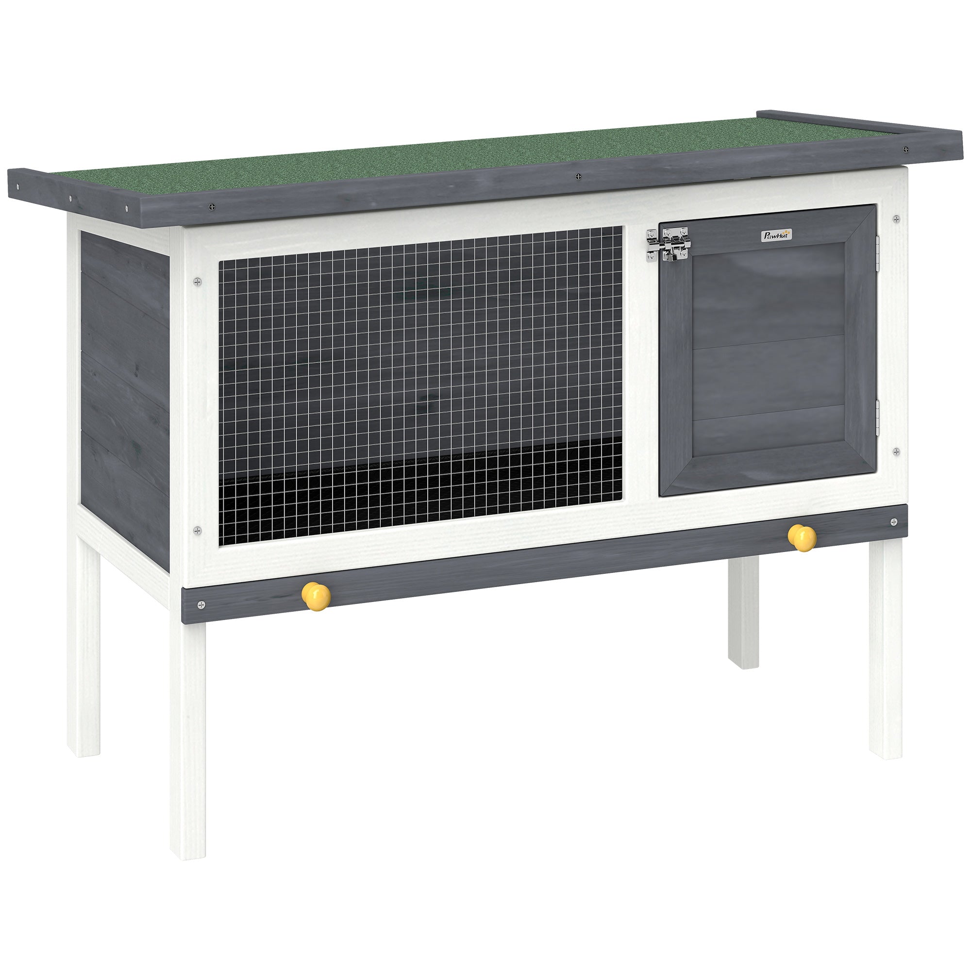 White and gray wooden pawhut rabbit hutch with asphalt roof green top wire mesh front panel and yellow knobs for guinea pig use