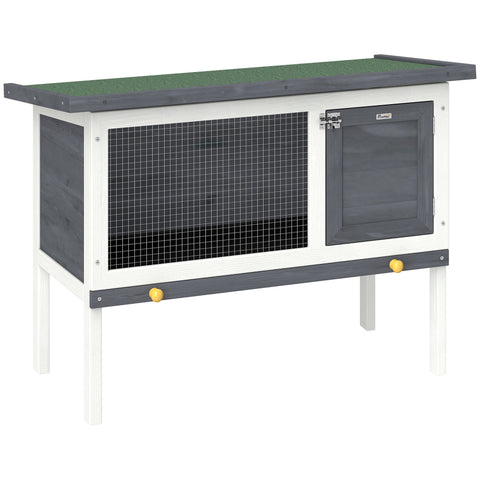 White and gray wooden pawhut rabbit hutch with asphalt roof green top wire mesh front panel and yellow knobs for guinea pig use
