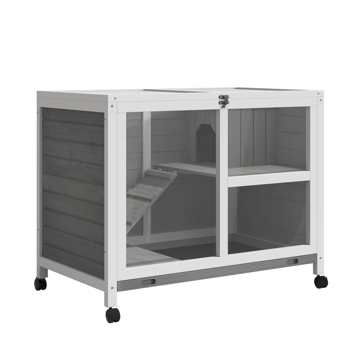 Pawhut wooden rabbit hutch in grey with glass panels and ramp features platform dimension 91.5 x 53.3 x 73 cm