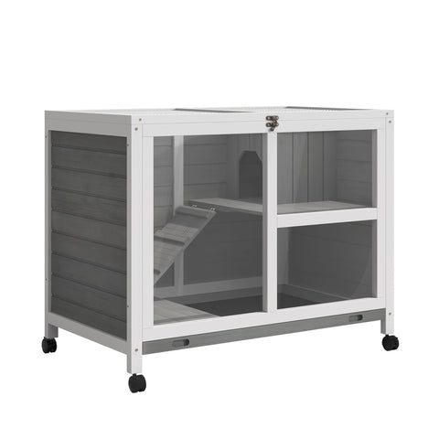 Pawhut wooden rabbit hutch in grey with glass panels and ramp features platform dimension 91.5 x 53.3 x 73 cm