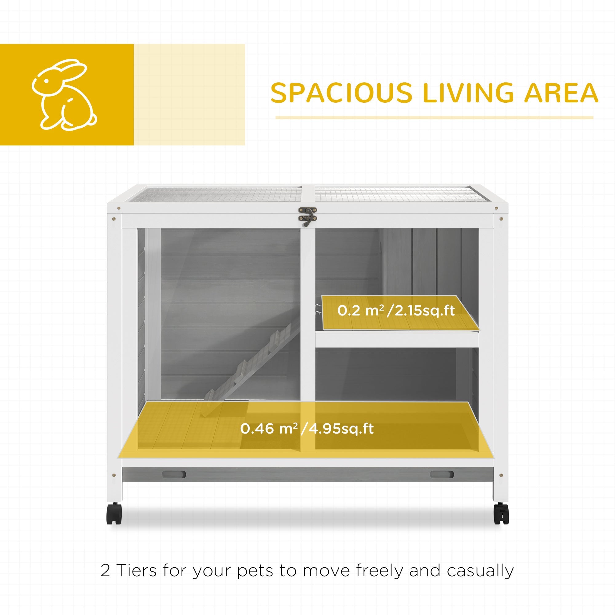 White metal rabbit hutch with glass panels and black wheels featuring a two tiered design and spacious platform dimension