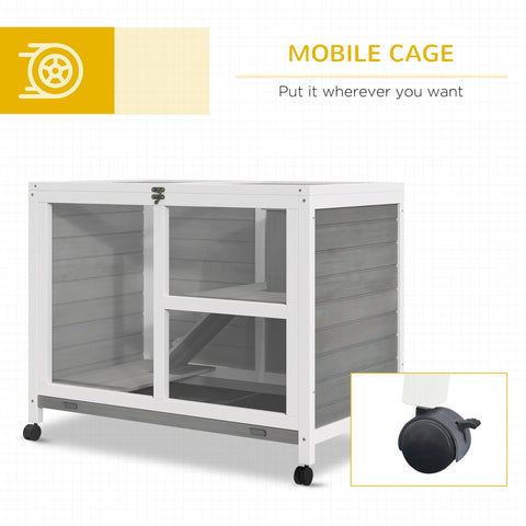 White and gray wooden rabbit hutch with wheels and openable roof showing platform dimension 91.5 x 53.3 x 73 cm