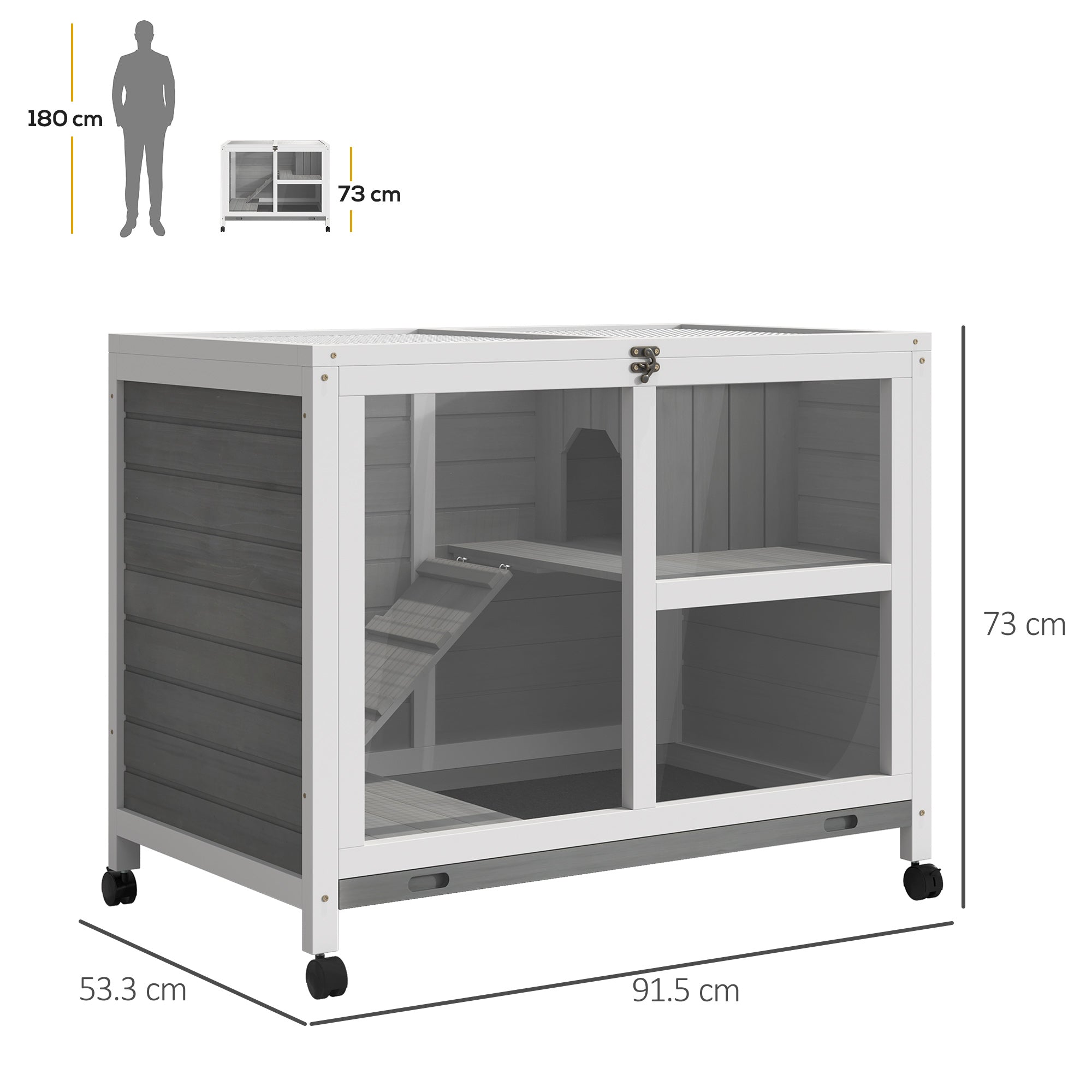 Gray and white wooden rabbit hutch with glass panels, ramp, shelves, and wheels with platform dimension 91.5 x 53.3 cm