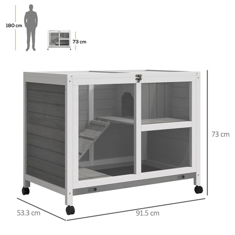 Gray and white wooden rabbit hutch with glass panels, ramp, shelves, and wheels with platform dimension 91.5 x 53.3 cm