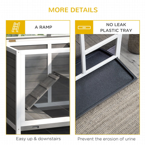White and gray wooden rabbit hutch by pawhut with openable roof ramp and black plastic tray platform dimension 91.5x53.3x73 cm