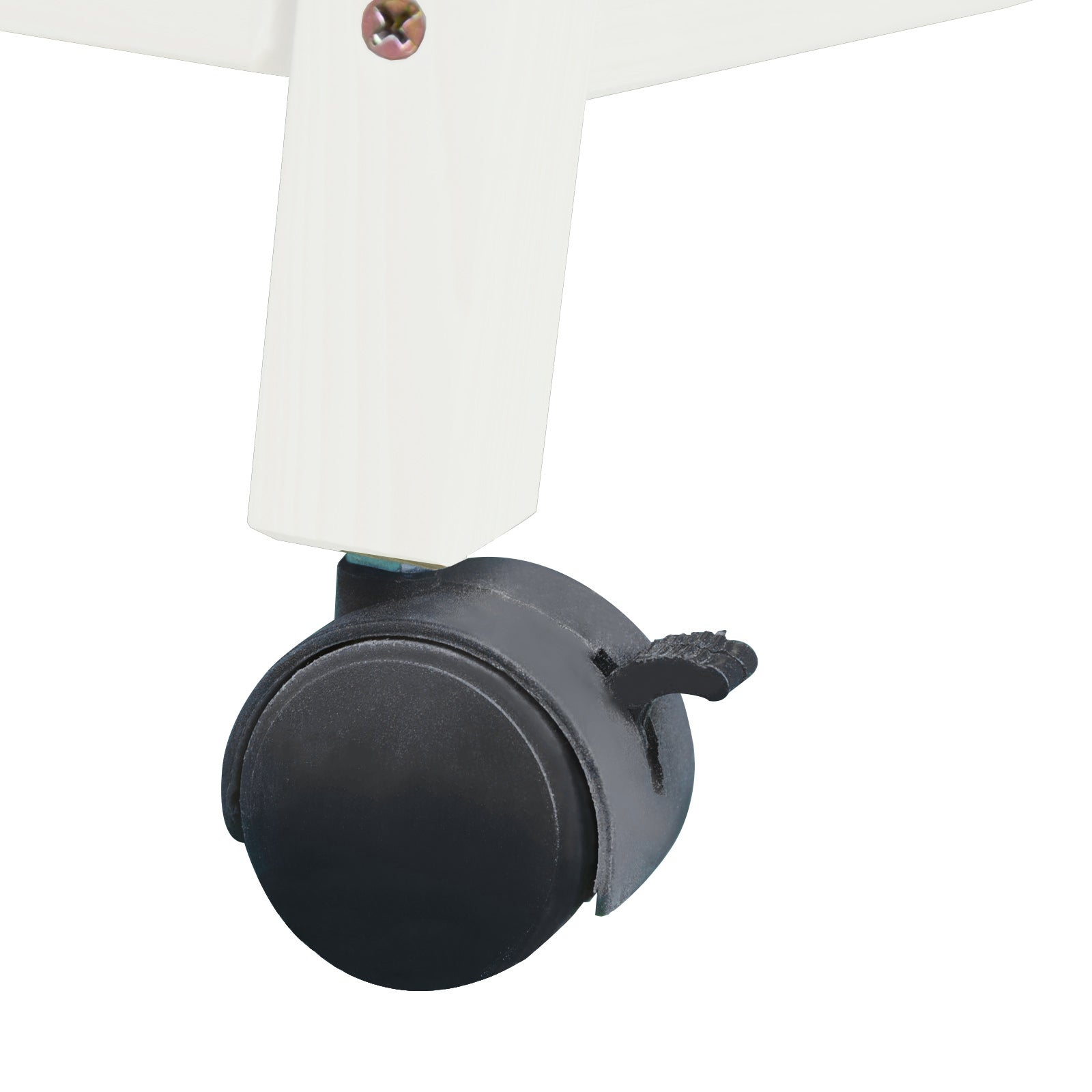Black plastic caster wheel with textured brake lever on white metal frame for pawhut wooden rabbit hutch platform dimension