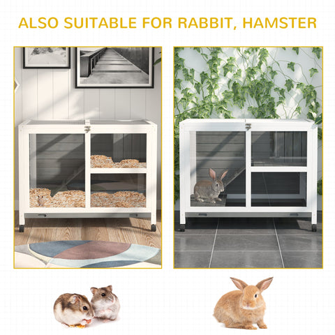 Pawhut wooden rabbit hutch in grey with white wood, glass doors, two levels, and platform dimension for small pets
