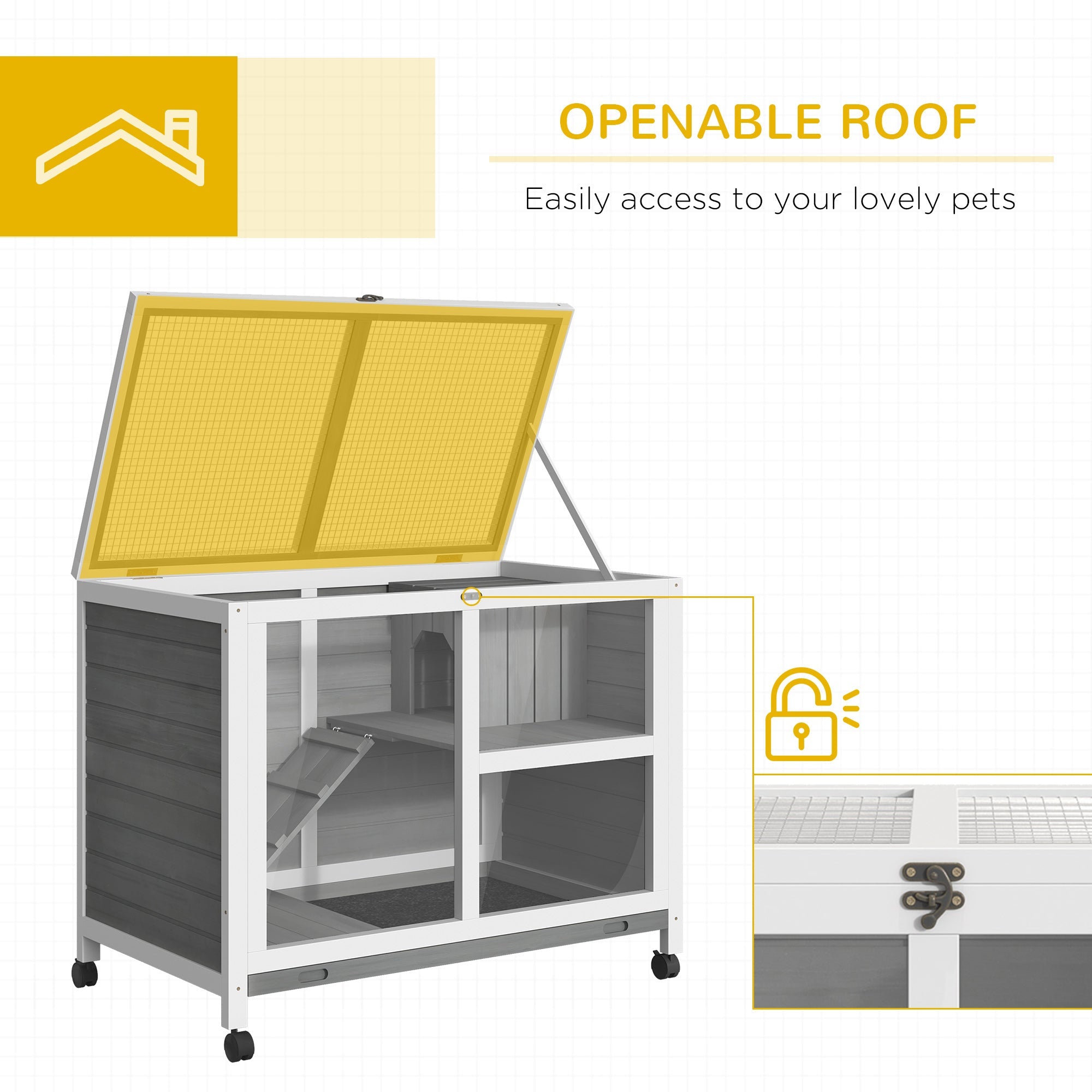 Gray and white pawhut wooden rabbit hutch with yellow mesh roof glass panels and caster wheels platform dimension 91.5 x 53.3 cm