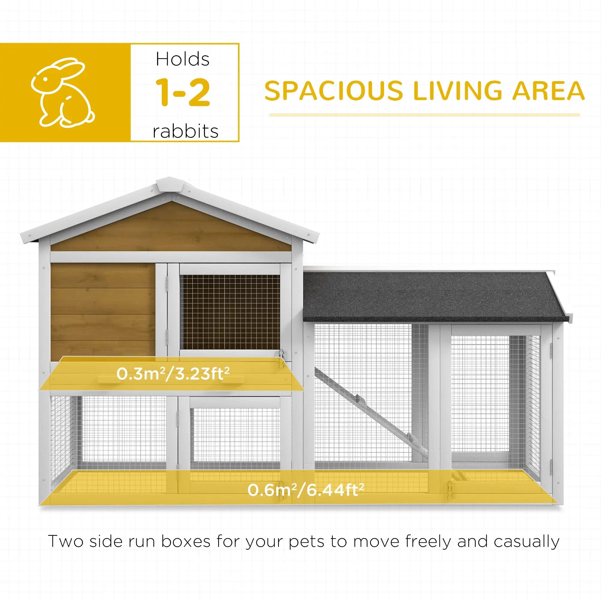 Pawhut wooden rabbit hutch in white and brown with main house and run area for fresh air and outdoor use