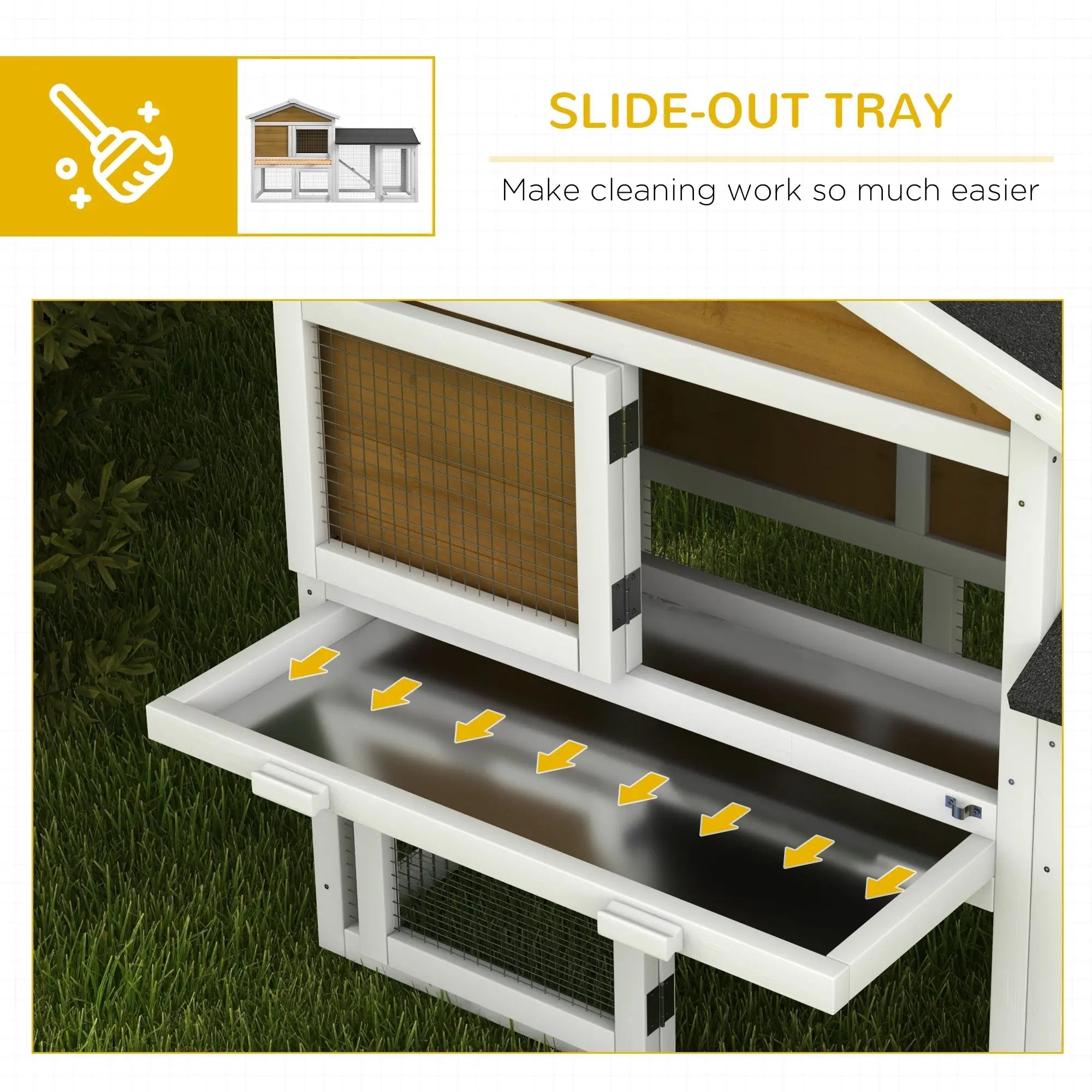White wooden pawhut rabbit hutch with slide out tray main house and run area for fresh air outdoors