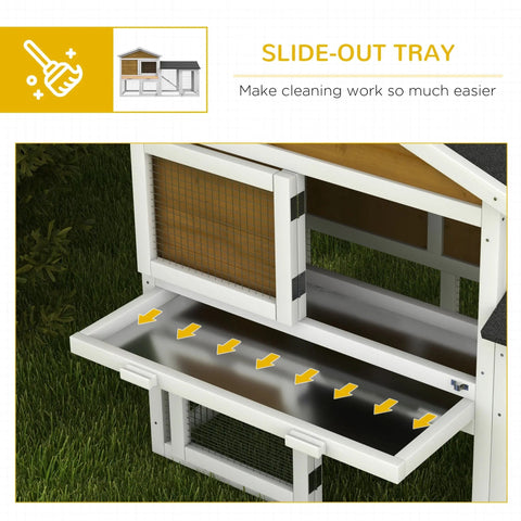 White wooden pawhut rabbit hutch with slide out tray main house and run area for fresh air outdoors