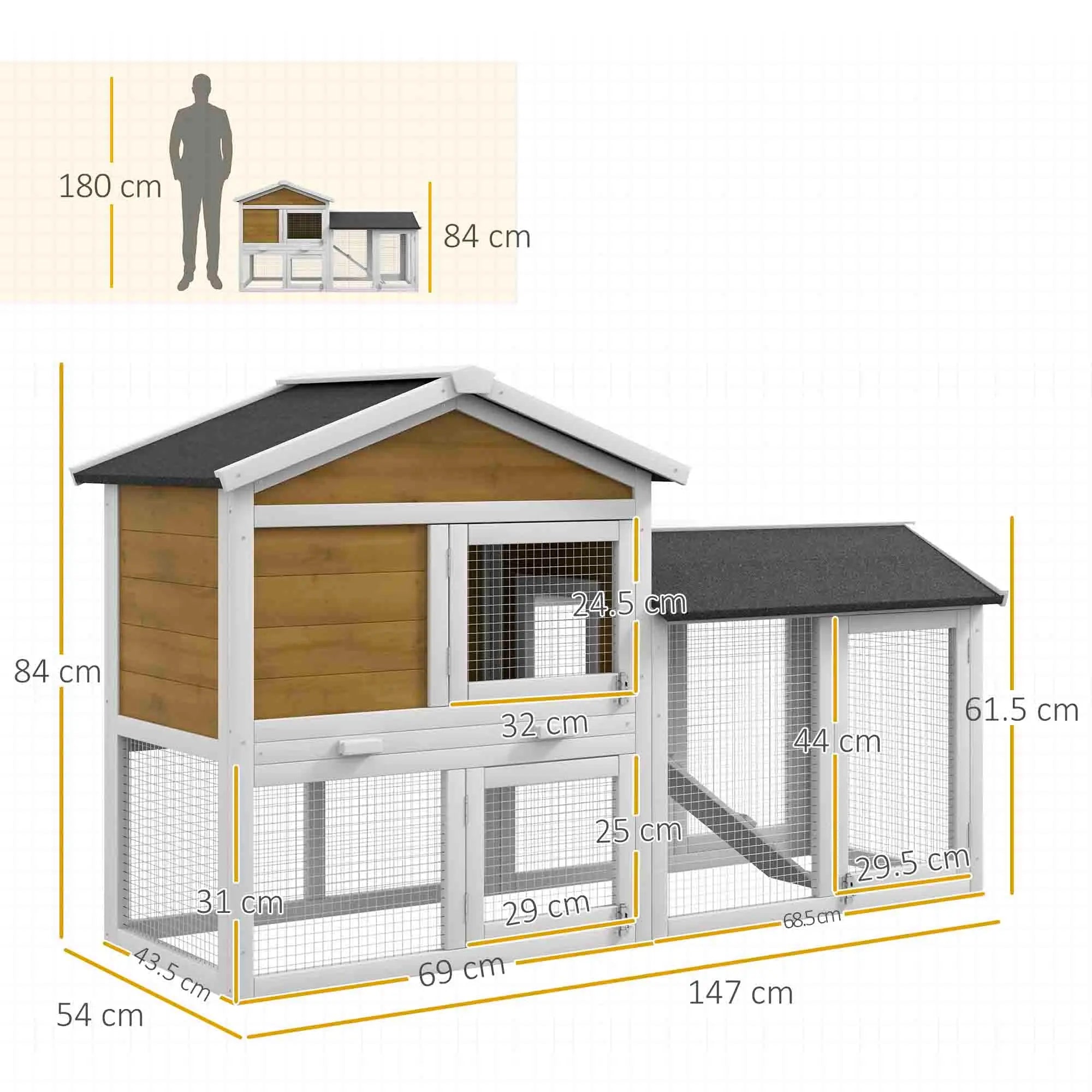Pawhut wooden rabbit hutch with black roof and wire mesh sides featuring main house and run area for fresh air