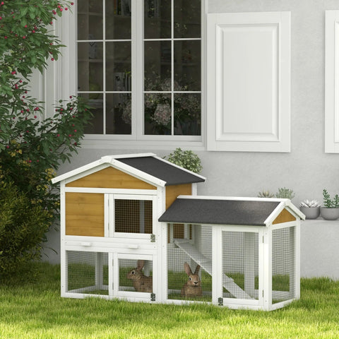White and natural wood pawhut wooden rabbit hutch with black roof panels main house and run area for fresh air