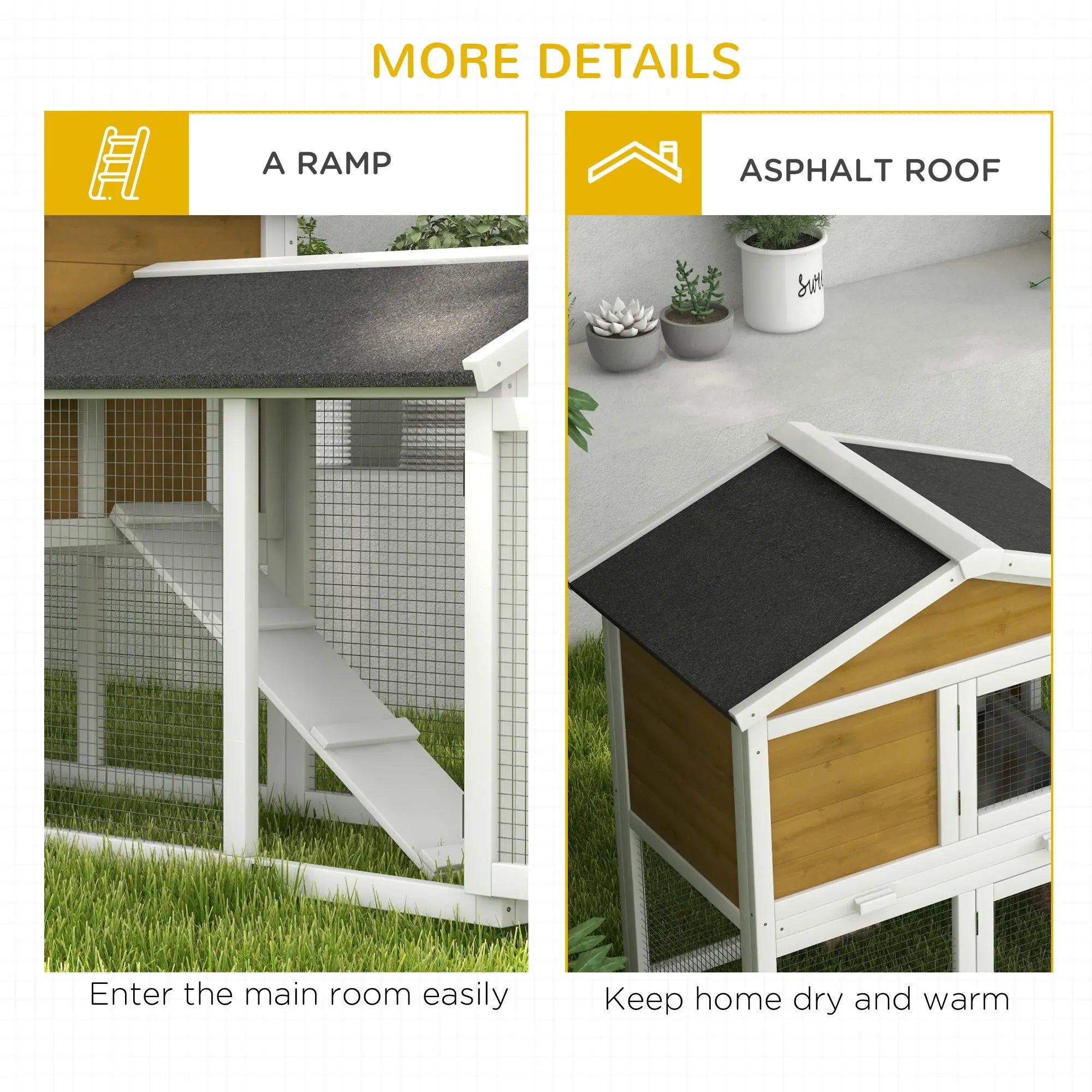 White and wood-colored pawhut wooden rabbit hutch with black asphalt roof and side ramp offers fresh air main house and run area