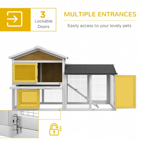 Pawhut wooden rabbit hutch yellow two-story with main house, run area, wire mesh sides, and ramp for fresh air access