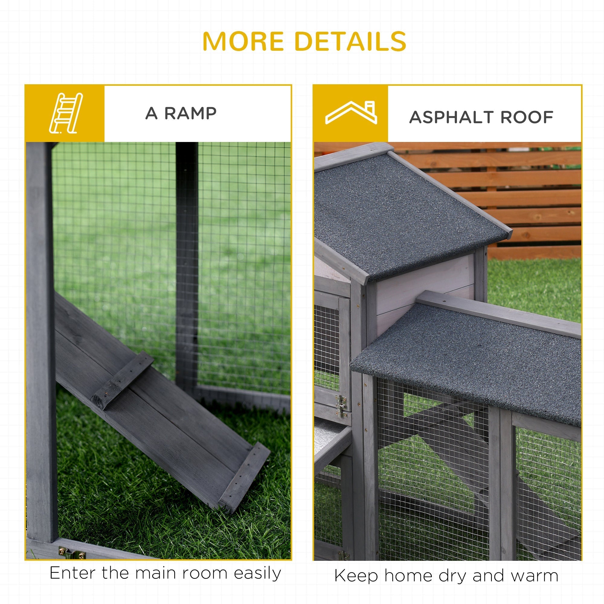 PawHut Wooden Rabbit Hutch Outdoor, Double Tier with Water-Resistant Roof, Ramp 147 x 54 x 84 cm, Grey