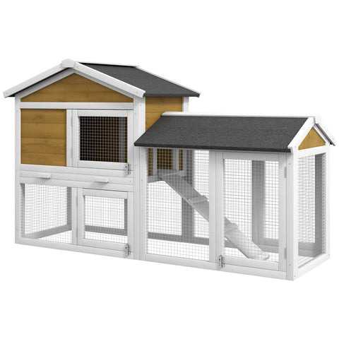 White and light wood pawhut wooden rabbit hutch with black roof and wire mesh panels for main house and run area fresh air