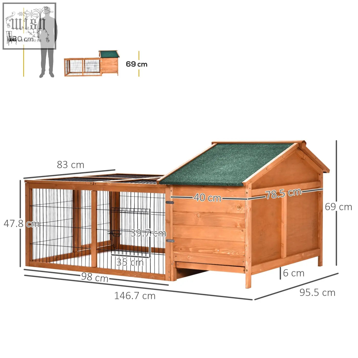 Wooden rabbit hutch with green roof and wire mesh sides featuring an enclosed main house for outdoor use