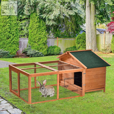 Wooden rabbit hutch with black wire mesh panels and dark green roof featuring enclosed main house for pets outdoors