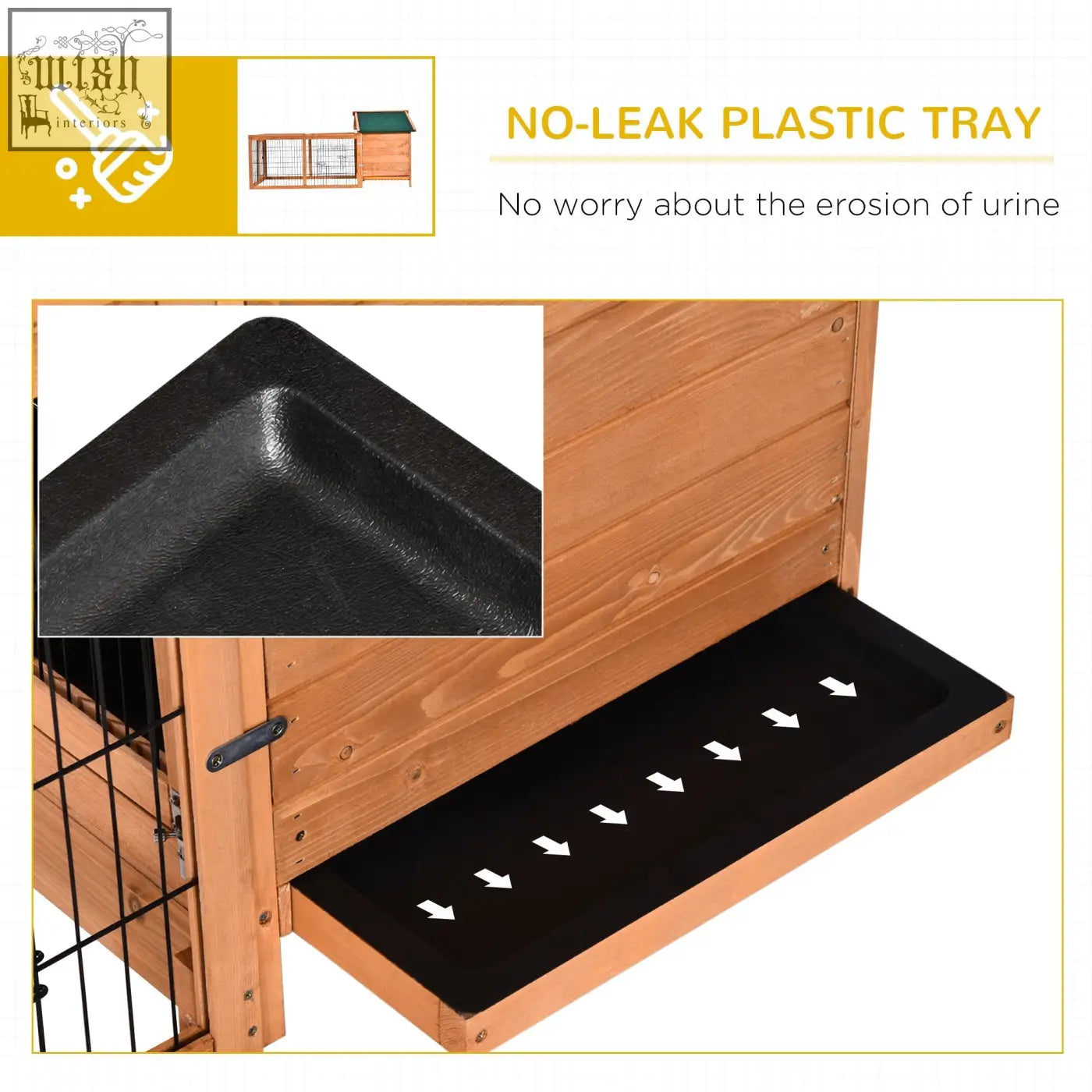 Black no-leak plastic tray with textured surface fits inside the enclosed main house of pawhut wooden rabbit hutch
