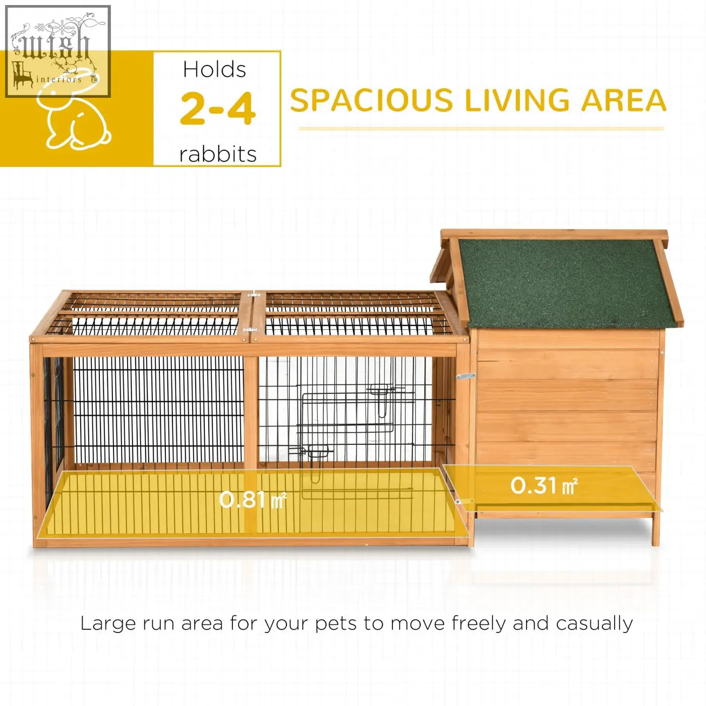 Wooden rabbit hutch with green roof and black wire mesh panels featuring enclosed main house and lockable doors