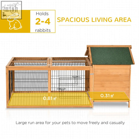 Wooden rabbit hutch with green roof and black wire mesh panels featuring enclosed main house and lockable doors